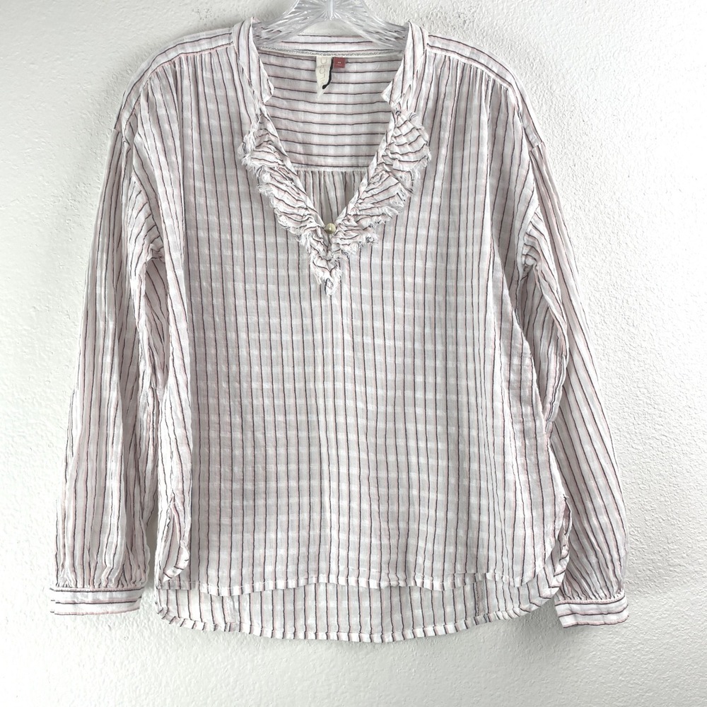Pilcro and the Letterpress Pink Striped Ruffle V-Neck Gauze Blouse XS Womens